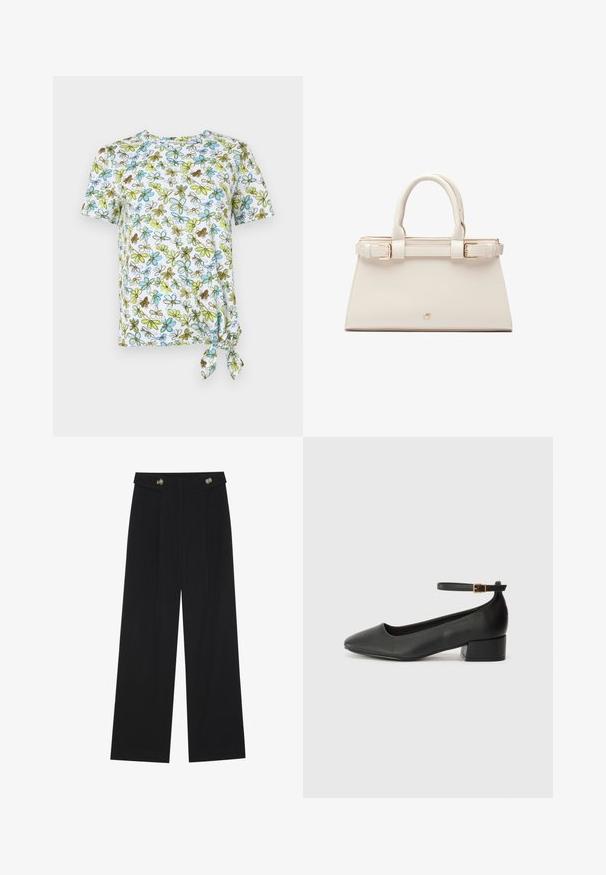 Short-sleeve, white T-shirt with floral print in blue, green, and brown. Features a knotted detail at the side for a gathered effect.; Black wide-leg trousers with high waist, button details on waistband, and front pleats.; Black leather pump with a pointed toe and a low block heel. Features an ankle strap with a gold-tone buckle. Smooth texture.; Structured handbag in cream faux leather with gold hardware. Features double top handles and a buckle accent on the front.