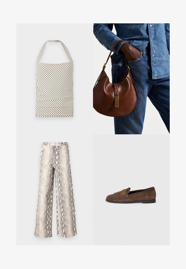 Viršutinė dalis be petnešų, pagaminta iš audinio su šviesiai grietinėlės spalvos pagrindu ir tamsiai ruda įstrižainėmis. Yra raukšlėjimas juosmenyje ir kaklo apykaklė.; Plati kelnės su gyvatės raštu, turinčios kreminės ir pilkos spalvų schemą, pagamintos iš tekstūruoto audinio su aukštu liemeniu.; Rudi zomšos loaferiai su sklandžia tekstūra, turintys dirželį su auksinės spalvos akcentu ir subtiliais frakciniais mikroelementais ant piršto. Lygus padas.; Ruda odinė hobo kuprinė su suapvalinta forma, turinti auksinius aksesuarus ir kontrastingą siuvinėjimą. Derinama su džinsiniu marškinėliu ir džinsais.