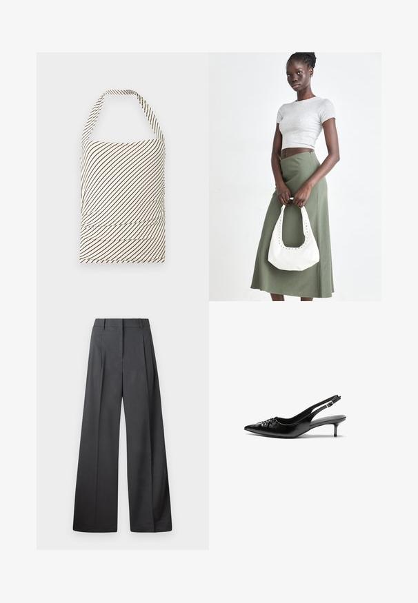 Strapless top gemaakt van stof met een lichte crème basis en donkere bruin diagonale strepen. Beschikt over ruches bij de taille en een halternek.; Wijde broek in donkergrijze stof, met een hoge taille, enkele plooien en een gladde textuur met een nette afwerking aan de zoom.; Zwarte leren slingback hakken met een spitse neus, kleine kittenhak en een decoratieve knoopdetail aan de voorkant. Smooth textuur overal.; Grijs geribbelde crop top en olijfgroene hoge taille rok. Model houdt een witte schoudertas met uitsparingen vast. Eenvoudig ontwerp, aansluitende silhouet.