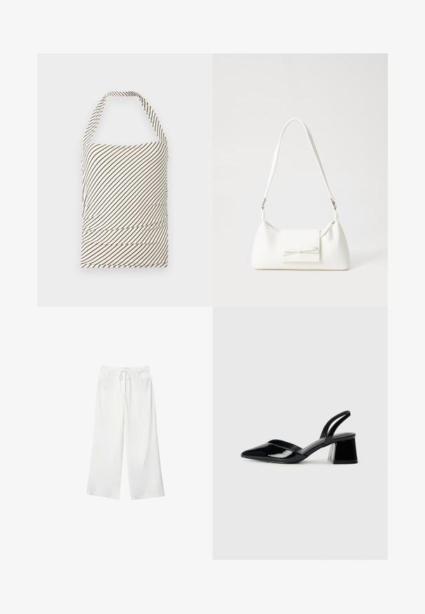 Top brez naramnic, narejen iz tkanine z svetlo kremasto osnovo in temno rjavimi diagonalnimi črtami. Ima nabiranje ob pasu in vratni izrez v obliki halterneck.; Bela široka hlače iz mehkega materiala, z vrvico v pasu in dvema sprednjima žepoma. Gladek texture in brez vidnih vzorcev.; Črne lakirane slingback pete s koničastim nosom in geometrijsko blokasto peto. Imajo eleganten, minimalističen dizajn in gladko teksturo.; Bela sintetična torbica v obliki trikotnika, z ravnim sprednjim poklopcem in detajlom mašne, nastavljivim trakom, gladko teksturo in minimalističnim dizajnom.