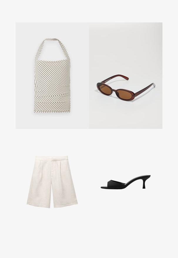Top senza spalline realizzato in tessuto con una base crema chiaro e strisce diagonali marroni scure. Presenta arricciature in vita e un collo a halter.; Pantaloni corti in lino beige con gamba larga, caratterizzati da pince frontali e una cintura liscia. Il tessuto ha una finitura leggermente testurizzata.; Mule nere con tacco alto, dotate di una punta larga e aperta e di una parte superiore curva. Realizzate in tessuto texture, presentano un tacco sottile e una suola liscia.; Occhiali da sole rotondi con tonalità marrone, montatura lucida color bordeaux. Aste sottili con un sottile dettaglio del marchio. Design delle lenti piatte.; Borsa a mano in pelle marrone con texture, chiusura dorata, tracolla regolabile e chiusura a pattina. Include un piccolo tag attaccato per un tocco di dettaglio.
