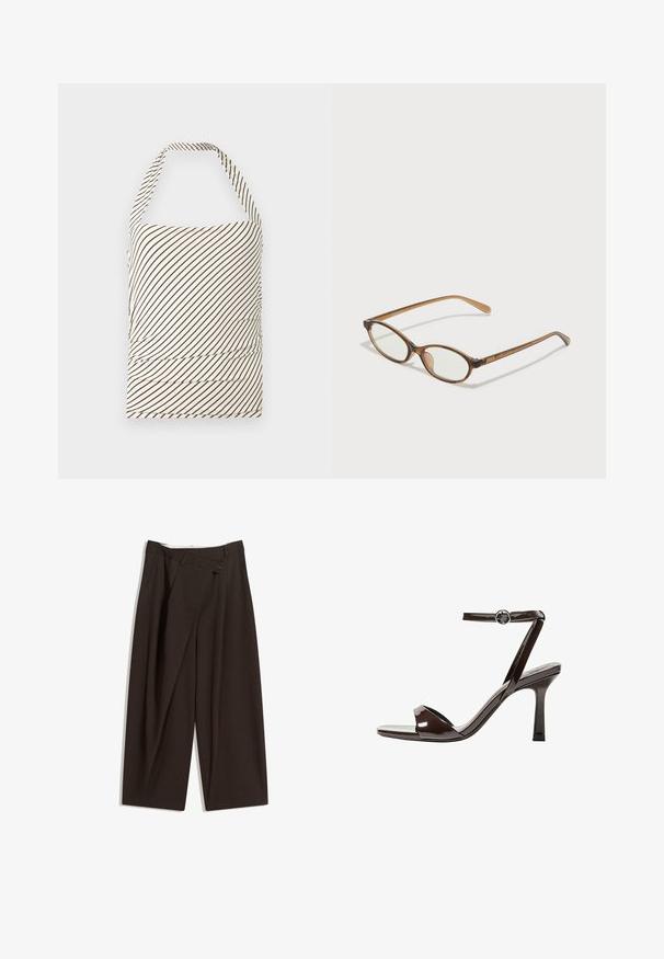 Top bez ramienok vyrobený z látky so svetlou krémovou základňou a tmavohnedými diagonálnymi pruhmi. Má nariasenie v oblasti pásu a krčný golier.; Tmavohnedé široké nohavice s vysokým pásom, s jedným gombíkom a záhybmi vpredu. Vyrobené z ľahkej textílie.; Hnedé lakované sandále na vysokom opätku s remienkom okolo členka, otvorenou špičkou a elegantným, minimalistickým dizajnom. Obsahujú štvorcovú pätu.; Hnedé želvovinové okuliare s oválnymi sklíčkami, tenkými ramenami a priesvitnými akcentmi. Obsahujú jemný logo na stranici. Štýlový, ľahký dizajn.