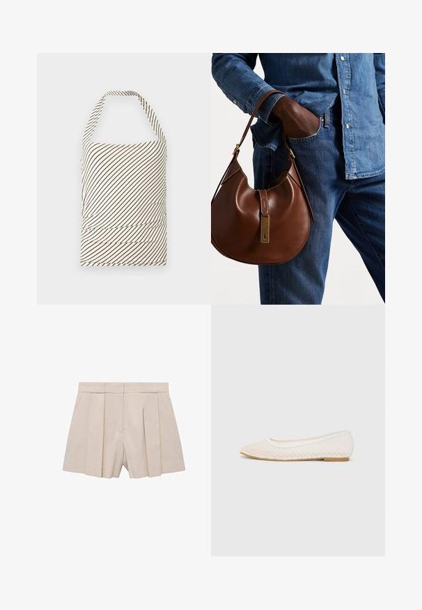 Yläosa ilman hihnoja, valmistettu kevyestä kermanvärisestä kankaasta, jossa on tummanruskeat viistot raidat. Sisältää rypytyksen vyötäröllä ja kaula-aukon.; Beige laahustavad lühikesed püksid, millel on kohandatud disain, kõrge vöökoht ja sile tekstuur. Neli esist laahust loovad volüümi. Ilma taskuteta.; Valkoiset tasapohjaiset kengät, joissa on verkkomuotoilu, teräväkärkiset ja matalapohjaiset. Kuosisesti teksturoitu päällinen, jossa on sileä vuori ja hillitty kontrastivärinen viimeistely.; Ruskea nahkainen hobo laukku pyöreällä muotoilulla, jossa on kultaiset yksityiskohdat ja kontrastiväriommeltu. Yhdistetty farkkupaitaan ja farkkuihin.