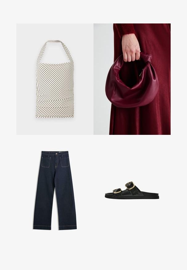 Top fără bretele realizat dintr-un material cu o bază crem deschisă și dungi diagonale maro închis. Are detalii cu volane la talie și guler halter.; Jeans largi de culoare albastru închis, din denim, cu cusături de un bej contrastant, două buzunare la spate și încheiere cu nasture la talie.; Sandalie negre cu toc plat, cu două accente de cataramă aurie, din material texturat neted și design minimalist.; Geantă de mână din piele burgundă, cu un design moale și pliat și o formă rotundă. Mânerele sunt securizate, evidențiind o textură netedă.