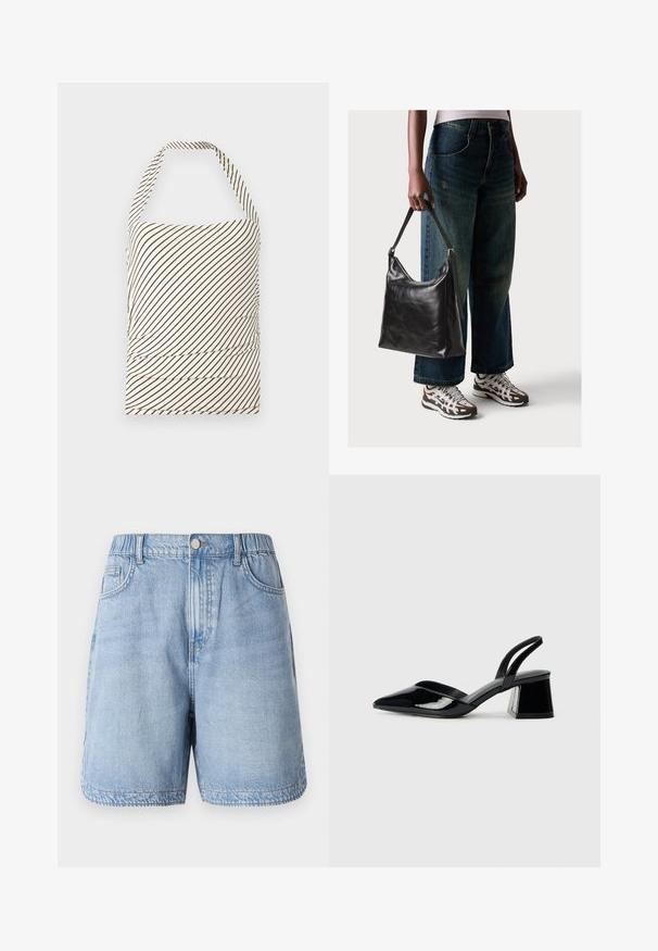 Haut sans bretelles en tissu avec une base crème clair et des rayures diagonales marron foncé. Présente un ruché à la taille et un col halter.; Shorts en denim bleu clair avec taille élastique, deux poches avant et coupe décontractée. Présente un léger délavage et des détails de surpiqûre.; Escarpins en cuir verni noir avec bout pointu et talon bloc géométrique. Présente un design élégant et minimaliste ainsi qu'une texture lisse.; Sac à bandoulière en cuir noir avec une texture lisse et une bandoulière réglable, associé à un jean ample décoloré et des baskets de sport.