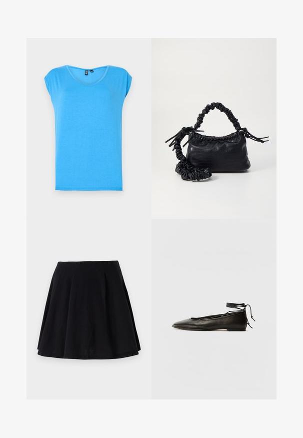 Zils īsām piedurknēm tops ar V-veida kakla dizainu, izgatavots no mīksta auduma, ar vienkāršu stilu un vienkāršu tekstūru.; Melna kokvilnas svārki ar izplūdušu siluetu, ar plecušiem jostas apvidū un gludu tekstūru. Piemēroti ikdienas valkāšanai.; Melnas ādas baleta kurpes ar smailu purngalu, potītes saitēm un plakanu zoli, kas izceļas ar gludu tekstūru un minimālistisku dizainu.; Melnā mākslīgās ādas rokassoma ar krokodila rakstu, savilkta augšdaļa un saburzīta siksna. Izskatās mīksta un kompakta pēc dizaina.