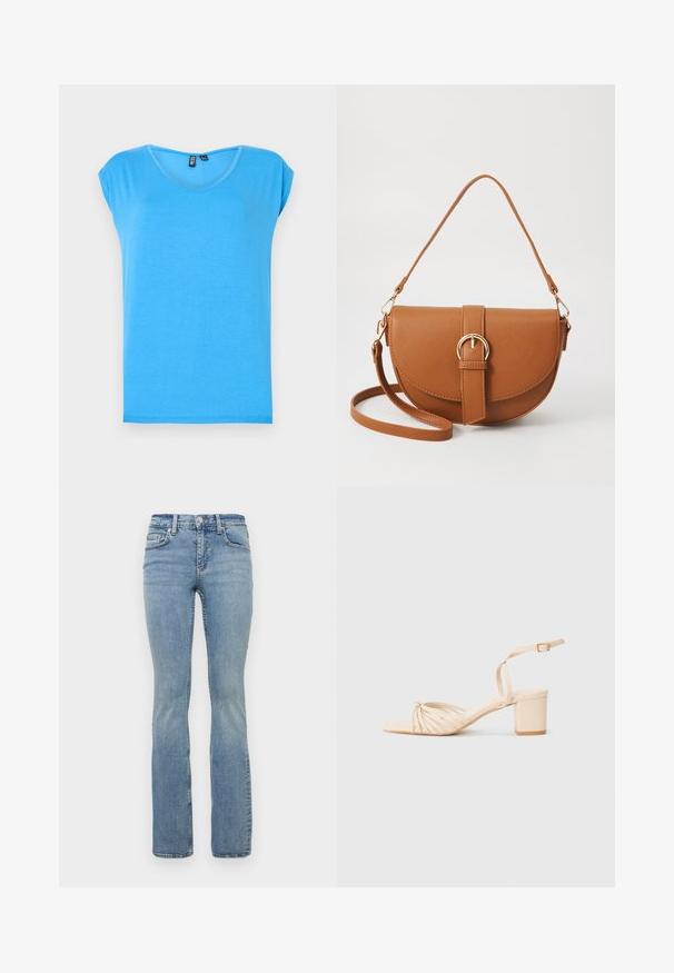 Kék, rövid ujjas topp, V-nyakkivágással, puha anyagból készült, egyszerű stílusú és díszítésektől mentes textúrával.; Világoskék, széles szárú farmernadrág, közepes derékkal, öt zsebes kialakítással, övhurkokkal és finom kopásokkal a combon.; Beige szandál, négyzetes orral, csatos elülső kialakítással, bokapánttal és tömbsarkal. Simább textúra, minimalista stílus.; Barna bőr keresztbody táska ívelt formával, aranyszínű fémrészekkel és csat díszítéssel. Levehető vállpánttal rendelkezik.