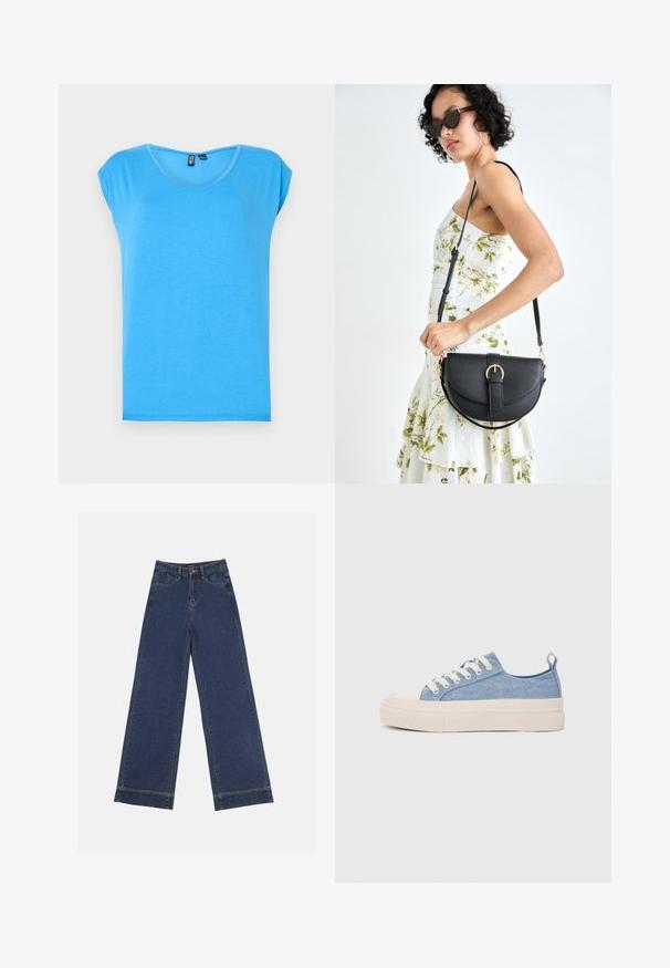 Blue short-sleeve top with a v-neck design, made of soft fabric, featuring a simple style and unembellished texture.; Wide-leg jeans in dark blue denim. Features five pockets, belt loops, and a raw hem at the bottom with visible stitching details.; Light blue canvas sneakers with a cream rubber toe cap and outsole, featuring white laces and a pull tab on the heel.; Black leather handbag with a curved shape, detachable strap, and gold hardware. The bag features a flap with a buckle detail.