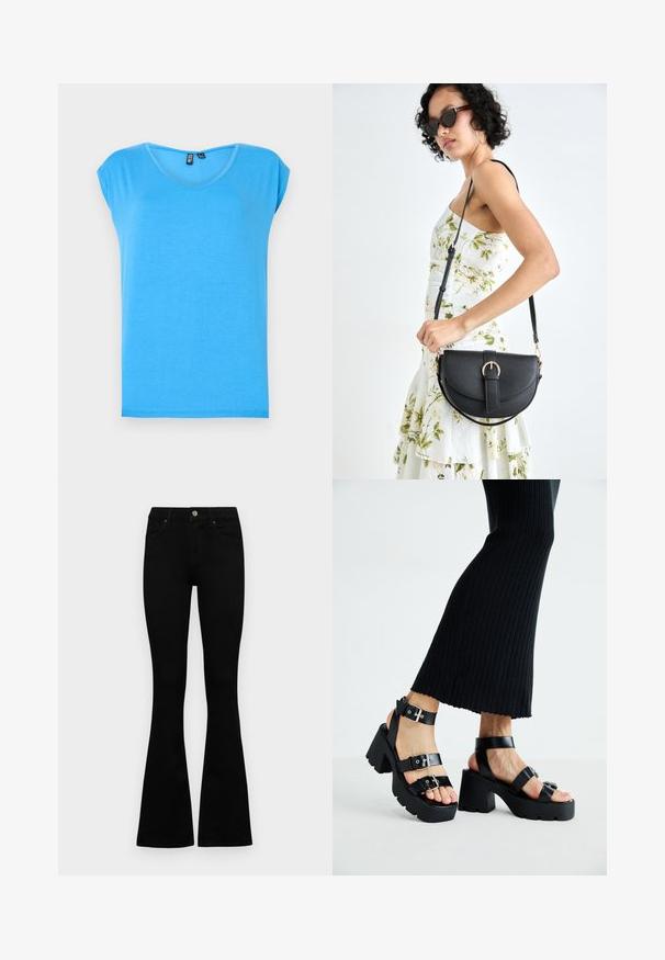 Top scurt de culoare albastră cu decolteu în formă de V, realizat dintr-un material moale, având un stil simplu și o textură lipsită de embellisment.; Jeans negri cu talie înaltă, cu închidere prin nasture și fermoar, buzunare frontale și picioare evazate, așezați pe un fundal alb.; Sandale negre cu platformă, cu talpă groasă și adâncă, având multiple curele, care includ catarame din metal și un aspect neted, asemănător cu pielea.; Geantă din piele neagră, cu o formă curbată, curea detașabilă și accesorii aurii. Geanta are un capac cu un detaliu tip cataramă.