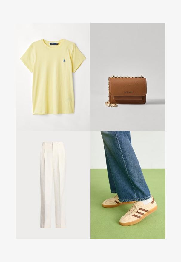 Kollane puuvillane T-särk, ümmarguse kaeluse ja lühikeste varrukatega. Vasakul rinnal on väike sinine tikandlogoga. Mugav ja lõdva istuvusega.; Polo Ralph Lauren HEMP WIDE LEG PANT - Püksid - nevis; Beežid spordijalatsid tekstuursete kreemjatest paneelidest ja pruunidest triipudest, koos siniste denim pükstega. Püksid on avara säärega ja narmendava äärega.; Pruun tekstureeritud nahk ristkeha kott kuldse ahelaga rihmaga ja klapiga sulgemine. Esiküljel on logo detail ja tasku klapi all.