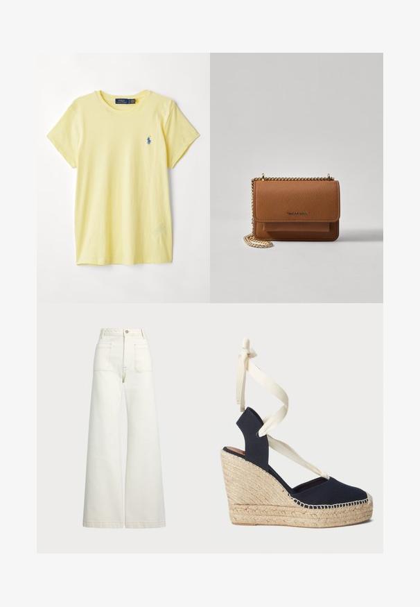 Dzeltena kokvilnas t-kreklu ar apaļu kakla izgriezumu. Uz kreisā krūšu daļā ir mazs zils izšūts logo. Īsas piedurknes un brīvs griezums.; Platās kājas džinsi off-white denima. Augsta jostasvieta ar pogu aizdari, divas priekšējās kabatas un kontrastējošas šuvju detaļas.; Jūras spēku zili kanvas iešļūcenes ar espadrille virvi apakšā un krēmkrāsas lentes sasaitēm pie potītes. Slēgta papēža un apaļā pirksta dizains.; Brūna teksturēta ādas plecu soma ar zelta ķēdes siksnu un atloka aizdari. Priekšpusē ir logotipa detaļa un kabata zem atloka.