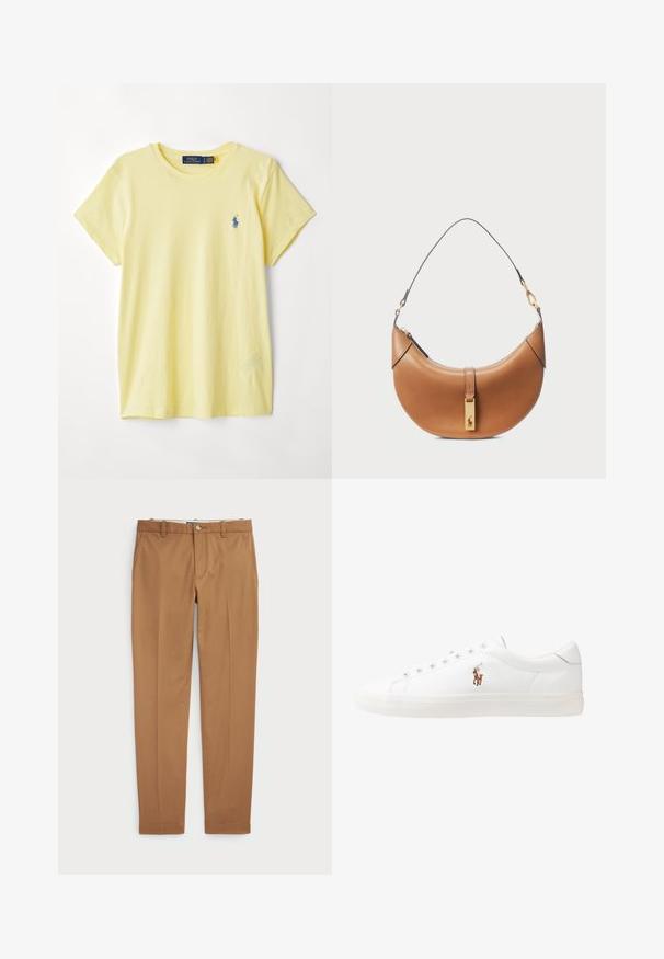 T-shirt de algodão amarelo com decote redondo. Apresenta um pequeno logótipo azul bordado no lado esquerdo do peito. Tem mangas curtas e um corte relaxado.; Calças de algodão castanhas com um design slim-fit, frente lisa e bolsos standard; textura suave e bainhas com acabamento.; Sapatilhas de couro brancas, design de cano baixo, com textura suave, biqueira redonda, atacadores à frente e um pequeno logótipo bordado na lateral.; Bolsa de couro castanho-claro com um formato curvado, detalhes em ouro e uma alça de ombro fina. Apresenta um fecho de zipper e um detalhe de logótipo na parte frontal.