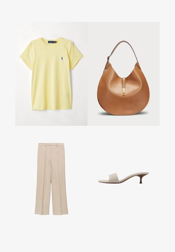 Žlté bavlnené tričko s okrúhlym výstrihom. Obsahuje malú modrú vyšívanú nášivku na ľavej strane hrude. Krátke rukávy a voľný strih.; Svetlo béžové široké nohavice s hladkou textúrou, s plisovaným predným dielom a bočnými vreckami, a s priliehavým pásom.; Sandal bez päty s béžovým tkaným vrchom, otvorenou špičkou a zakrivenou drevenou strednou podrážkou. Dizajn sa vyznačuje hladkou textúrou a minimalistickým tvarom.; Hnedá kožená taška s zakriveným tvarom a širokým ramenným popruhom. Funkcie zlatého kovového akcentu v strede a hladkej textúry.