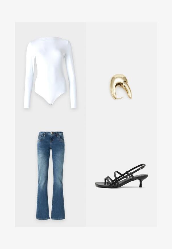 Long-sleeve white bodysuit made from smooth, stretchy fabric; features a rounded neckline and a snap closure at the bottom.; Flared denim jeans in medium blue with contrasting stitching, five pockets, and a classic button and zipper closure.; Black heeled sandals with multiple crisscross straps. Smooth material, pointed toe, and narrow heel. Adjustable ankle strap with buckle.; Gold-tone metal earring with a sleek, curved design. Features a distinctive pointed shape, polished surface, and hinge closure.