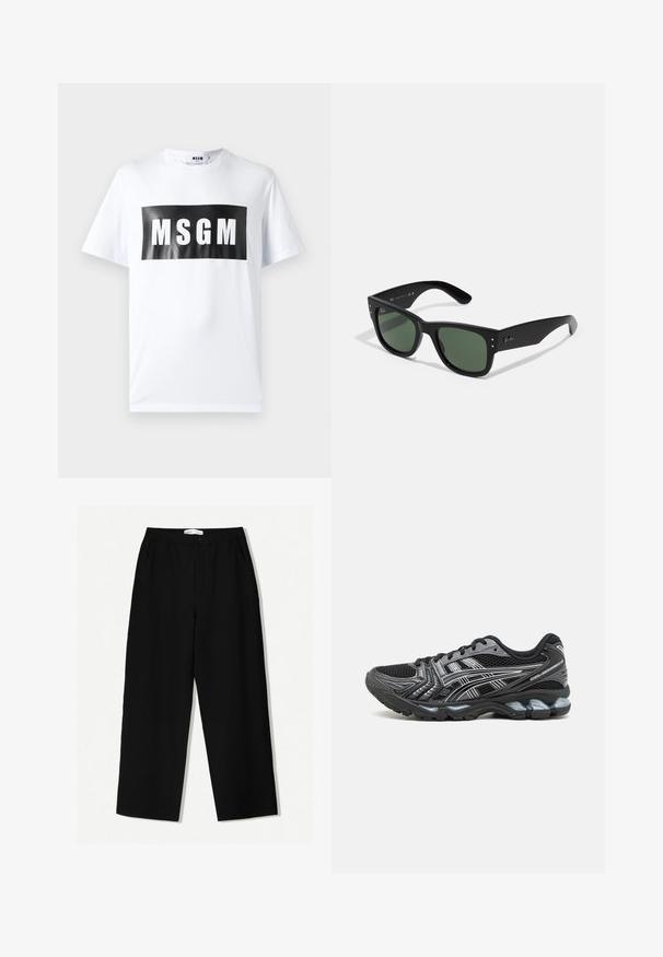 Witte katoenen T-shirt met een grote zwarte rechthoekige print met "MSGM" in bold witte letters. Korte mouwen en ronde halslijn.; Zwarte wijde broek van textuurstof, met een elastische tailleband en zijzakken. Eenvoudig, minimalistisch ontwerp zonder versieringen.; Zwarte sportschoen met een bovenwerk van mesh, zilveren accenten en een gevoerde zool. Beschikt over een vetersluiting en een gestructureerde loopzool voor grip.; Zwarte rechthoekige zonnebril met groene lenzen, matte afwerking, subtiele hardwareaccenten en een gegraveerd logo op de slaap.