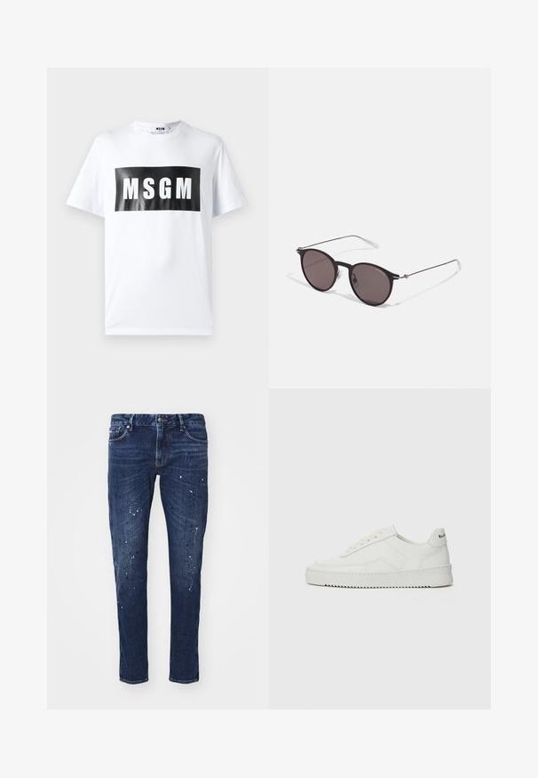 Camiseta de algodón blanca con una gran impresión rectangular negra con "MSGM" en letras blancas y negritas. Manga corta y cuello redondo.; Jeans de mezclilla oscura con corte slim, que presentan manchas de pintura, costuras visibles y diseño clásico de cinco bolsillos. Corte recto.; Zapatilla de cuero blanca con un acabado suave, puntera redonda, cordones planos y suela texturizada. Cuenta con un sutil logo en el talón.; Gafas de sol redondas negras con lentes oscuros y brazos metálicos delgados. Incluye puntas de varilla transparentes y acentos plateados en la bisagra. Diseño minimalista.