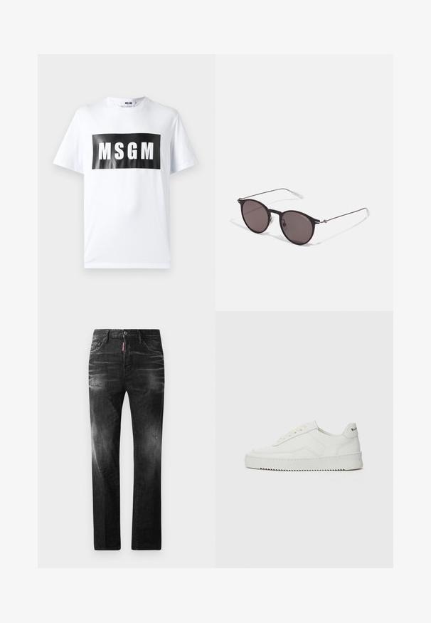 Bela bombažna majica s kratkimi rokavi, ki ima velik črn pravokoten potisk z besedilom "MSGM" v debelih belih črkah. Okrugel izrez.; Črne jeans hlače s ravnim krojem. Imajo zbledela mesta, manjše obrabe, klasičen petnajstni žepni dizajn in gumbasto zapiranje.; Bela usnjena športna obutev z gladko površino, okroglo prst, ravne vezalke in teksturiran podplat. Ima diskretno logo na peti.; Črne okrogla sončna očala s temnimi lečami in tankimi kovinskimi ročaji. Vključujejo prosojne konec ročajev in srebrne poudarke na tečaju. Minimalističen dizajn.