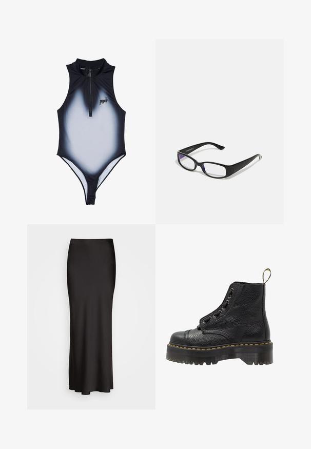 Černobílé gradientové plavky s vysokým límcem a předním zipem. Obsahují logo na hrudi a mají těsný střih pro elegantní tvar.; Černá, dlouhá saténová sukně s hladkou texturou, úzkým pasem a A-liniovým střihem, bez viditelných ozdob nebo vzorů.; Černá kožená kotníková bota s texturovaným povrchem, kulatou špičkou, šněrovacím designem, žlutým prošíváním a silnou, vroubkovanou černou podešví.; Černé obdélníkové brýle s průhlednými čočkami. Lesklý povrch, úzké ramínka a fialový nádech viditelný na okrajích čoček.; Even&Odd Velká kabelka - black