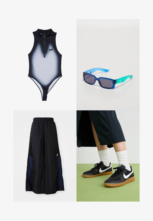 Svart-hvitt gradient badedrakt med høy krage og glidelås foran. Har et logo på brystet og en tettsittende passform for en strømlinjeformet silhuett.; Svarte vide bukser laget av lett stoff, med et marineblått sidestykke og elastisk midjebånd. Liten hvit logo nederst.; Sorte lær- og syntetiske joggesko med hvit Nike swoosh, gummisåle, rund tå og sorte lisser. Ribbet hvite sokker synlige.; Blå og grønne solbriller med rektangulære linser; gjennomsiktige rammer; teksturerte blå armer; mørke linser; tydelig merkevare på siden.