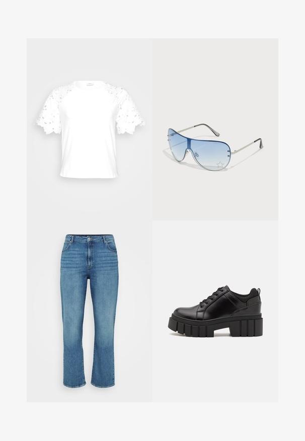 Bílý tričko s dekorativními krajkovými rukávy, které má jednoduchý, čistý design a kulatý výstřih.; Světle modré džíny s rovnými nohavicemi, obsahující pět kapes, poutka na opasek a jemné vyblednutí v přední části.; Černé kožené platformové boty s masivním blokovým podpatkem, kulatou špičkou a tradičním šněrováním. Mají hladký povrch a minimální detaily.; Pilotské sluneční brýle s modrými gradientními skly, stříbrným kovovým rámem a dekorativními hvězdnými akcenty na sklech. Hladký a elegantní design.