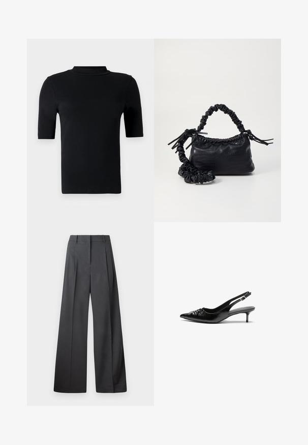 Čierne krátke rukávy turtleneck tričko vyrobené z hladkej tkaniny, s priliehajúcim strihom, vysokým golierom a bez viditeľných vzorov alebo akcentov.; Nohavice s širokými nohavicami z tmavošedej látky, s vysokým pásom, jedinými záhybmi a hladkou textúrou s čistým zakončením na lemoch.; Čierne kožené slingback podpätky s ostrou špičkou, malým podpatkom a dekoratívnym uzlom vpredu. Hladký povrch po celom obvode.; Čierna umelá kožená kabelka s kroko vzorom, sťahovaným vrchom a zhnutým popruhom. Vyzerá mäkko a kompaktné v dizajne.