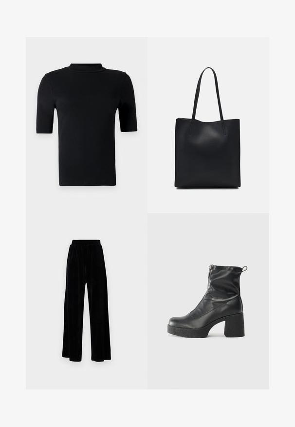 Μαύρο κοντομάνικο μπλουζάκι τύπου τζόκερ από λείο ύφασμα, με εφαρμοστή γραμμή και ψηλό γιακά, χωρίς ορατά σχέδια ή διακοσμητικά στοιχεία.; Μαύρο παντελόνι με φαρδιά πόδια, φτιαγμένο από μαλακό βελούδο, με ελαστική μέση και λεία υφή, χωρίς ορατές λεπτομέρειες ή σχέδια.; Μαύρες μποτές μέχρι τον αστράγαλο από λείο δέρμα, με πλευρικό φερμουάρ, χοντρό υφασμάτινο τακούνι και στρογγυλή μύτη.; Μαύρη δερμάτινη τσάντα tote με λείο υφή, ορθογώνιο σχήμα και δύο μακριές λαβές. Χωρίς ορατό υλικό ή διακοσμητικά στοιχεία.