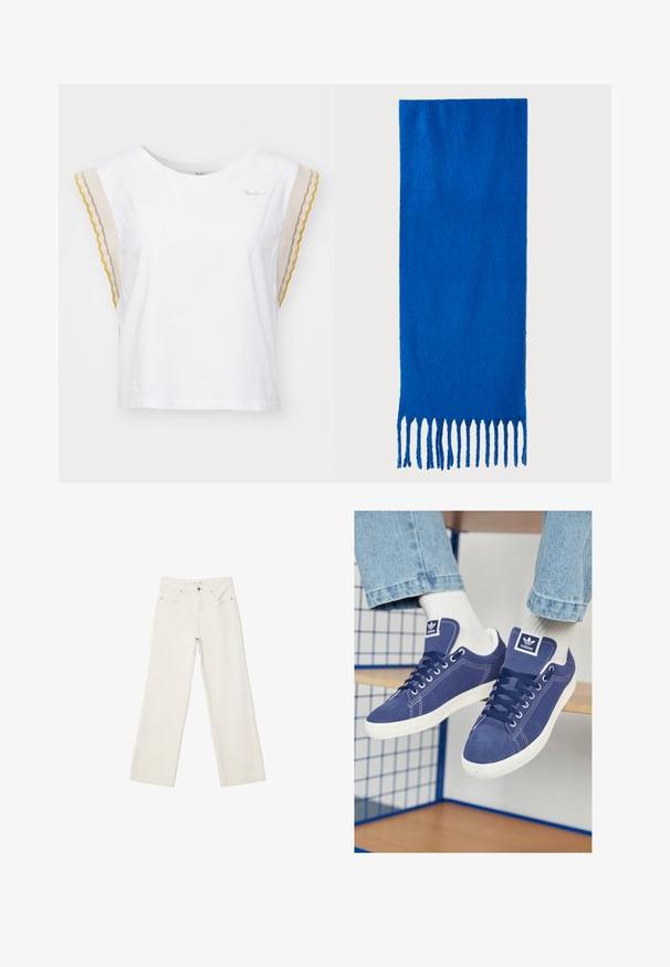 Bijela pamučna majica s kratkim, valovitim rukavima u bež, žutoj i sivoj boji. Ima okrugli izrez i mali brend logotip na prsima.; Bijele široke traperice s visokim strukom, prednjim džepovima i dugmetom za zatvaranje. Čist dizajn s minimalnim naglascima.; Tamno plavi Adidas tenisice od antilopa, s bijelim gumenim đonovima, okruglim vrhovima i logom na jeziku. Svijetlosive čarape su vidljive.; Plava šal od mekog materijala; sadrži jednobojnu boju s teksturiranom površinom i ravnomjerno rezanim resicama na dnu.; Smešasti smeđi hobo torba s zakrivljenim vrhom, dugim remenom s točkastim detaljima i mekanim materijalom. Ima opušteni dizajn za svakodnevnu upotrebu.