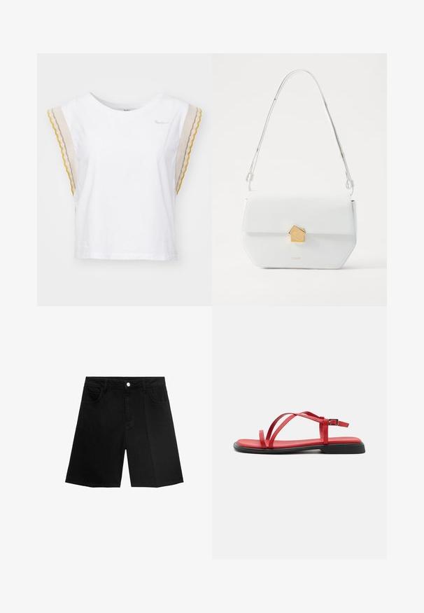 Bílý bavlněný tričko s krátkými, vroubkovanými rukávy v béžové, žluté a šedé barvě. Má kulatý výstřih a malé logo značky na prsou.; Černé džínsové šortky s rovnými nohavicemi, pěti kapsami a zapínáním na stříbrný knoflík. Hladká textura s minimem švů.; Červené ploché sandály s tenkými pásky, zapínáním na sponu a černou gumovou podrážkou. Hladký povrch a minimalistický design, včetně tvarované stélky.; Bílá kožená kabelka přes rameno s geometrickým zlatým zapínáním, plochý design a prodloužený popruh. Disponuje čistými liniemi a lesklou texturou.