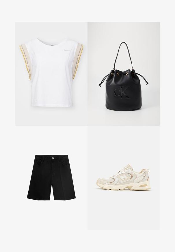 T-shirt bianco in cotone con maniche corte a forma di conchiglia in beige, giallo e grigio. Presenta un collo rotondo e un piccolo logo del brand sul petto.; Shorts in denim nero con taglio dritto, cinque tasche e chiusura con bottone argentato. Texture liscia con dettagli di cucitura minimi.; Scarpe sportive beige con sovrapposizioni in mesh e materiale sintetico, dotate di una superficie testurizzata, colletto imbottito e ammortizzazione "ABZORB" nel tallone.; Borsa a secchiello in pelle nera con chiusura a cordoncino, caratterizzata da un logo "CK" lucido sulla parte anteriore e dettagli in hardware dorato.