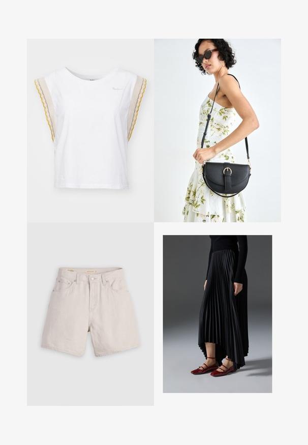 Hvit bomull t-skjorte med korte, bølgete ermer i beige, gul og grå. Har rund halslinning og en liten merke-logo på brystet.; Høyt midjebeige denimshorts med knappfront, beltehemper og fem lommer; lette med en glatt tekstur.; Svart plissert skjørt med høy-lav hem, kombinert med glansfulle røde leilisser med stroppedesign. Stoffet har en jevn tekstur.; Svart lærveske med en buet form, avtagbar stropp og gullbeslag. Vesken har et klaff med spenne-detall.