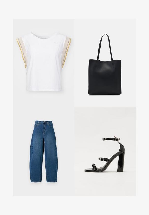Bela bombažna majica s kratkimi, valovito oblikovanimi rokavi v bež, rumeni in sivi barvi. Ima okroglo ovratnico in majhen logotip blagovne znamke na prsih.; Jeans iz denima v srednjem modrem pranju, z visokim pasom, širokim krojem nogavic in standardnim pet-imenskim dizajnom s vidnimi šivi.; Črne lakirane sandale s peto, kvadratnim prstom, trakovi okrog gležnja in srebrnimi zaponkami. Opremljene so s stabilno Debelo peto.; Črna usnjena torba s svilnato teksturo, pravokotne oblike in dvema dolgima ročajema. Brez vidnih metalnih delov ali okrasnih elementov.