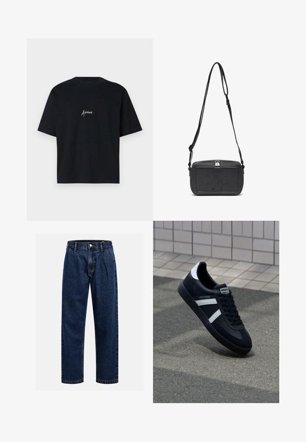 Black cotton T-shirt with short sleeves and a crew neck. Features white text "Archive" in a cursive font on the front.; Dark blue denim jeans with a straight-leg design. Features visible stitching, a button closure, and front pleats for added detail.; Black leather sneaker with white stripes, textured rubber sole, and lace-up front. Features a branded label on the tongue.; Black leather crossbody bag with a zip closure, embossed logo on the front, and adjustable strap. Smooth texture with a rectangular shape.