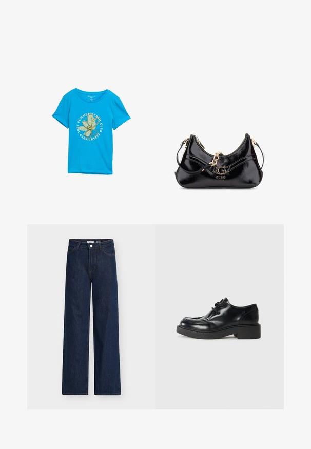 Blå bomulds t-shirt med et rundt grafisk motiv af en grøn blomst og tekst, der siger "SUMMER DENIM CLUB ESTABLISHED 2007." Korte ærmer.; Mørkeblå lige ben-jeans med høj talje, lavet af denim. Har forlommer, bæltestropper og knaplukning. Klassisk design.; Sorte læder oxford sko med rund tå, snørebåndsdesign og en tykk sort gummisål. Glat tekstur og minimale syninger.; Sorte patenteret lædertaske med et buet design, guldhardware-detaljer og en fremtrædende logo. Inkluderer en aftagelig skulderrem.; Sæt af guldfarvede øreringe med forskellige designs, herunder studs, hoops og hængende modeller med perler og rhinsten.