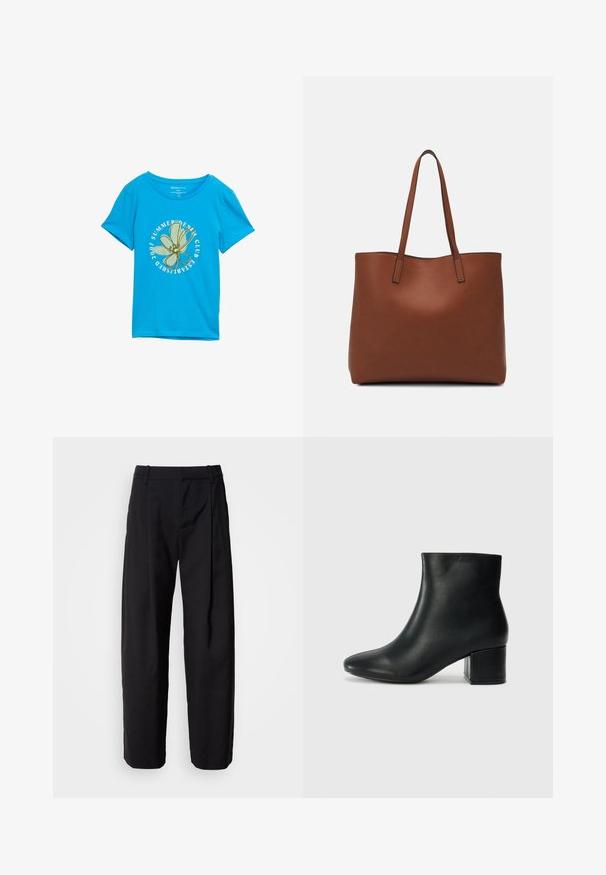 Blauwe katoenen t-shirt met een ronde grafiek van een groene bloem en tekst die luidt: "SUMMER DENIM CLUB OPGERICHT 2007." Korte mouwen.; Zwarte broek met een ontspannen pasvorm, geplooide voorkant en riemlussen. Soepele stof en rechte pijpen, met zijzakken.; Zwarte leren enkellaarzen met een spitse neus en een chunky hak. Gladde textuur met minimale accenten en een slank, strakk ontwerp.; Bruine leren tote bag met een gladde textuur, een ontwerp met een open bovenkant en twee schouderbanden. Kenmerkt zich door minimale stiksels en geen zichtbare hardware.