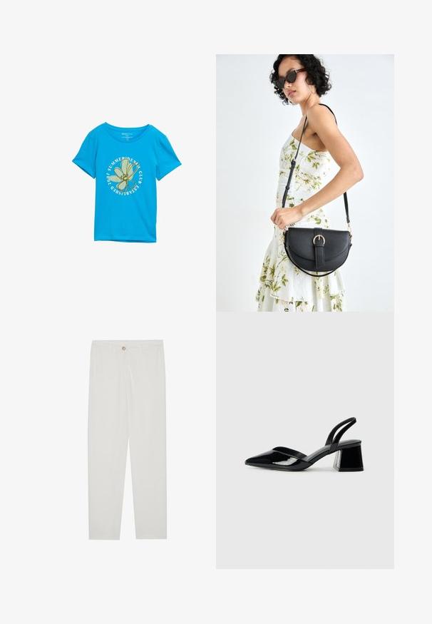 Zila kokvilnas T-kreklā ar apaļu grafiku, kurai attēlots zaļš zieds, un teksts "VASARAS DŽINSU KLUBS IZVEIDOTS 2007." Īsas piedurknes.; Baltas, pielāgots bikses ar taisnu kāju dizainu, ar pogu aizdari, jostu cilpām un sānu kabatām; gluda auduma tekstūra.; Melna lakota āda ar atvērto papēdi, ar smailu purngalu un ģeometrisku blokpapēdi. Iezīmējas elegants, minimāls dizains un gluda tekstūra.; Melnas ādas rokassoma ar izliekta formu, noņemamu siksnu un zelta aksesuāriem. Somai ir vāciņš ar sprādzes detaļu.