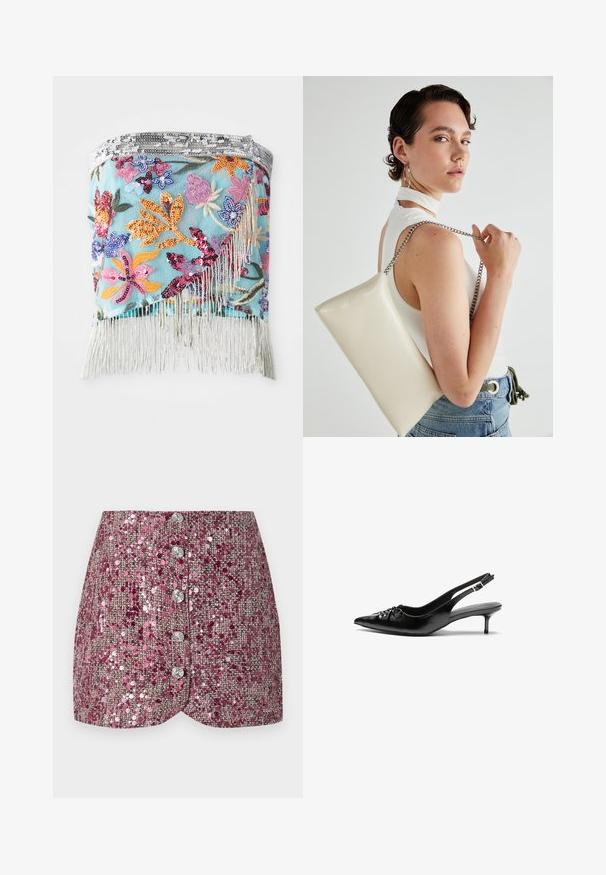 Siuvinėtas gėlių apklotas su daugiakomponentėmis blizgučiais ant šviesiai mėlyno fono; apatiniame krašte yra sidabrinė pakraščio juostelė.; Rožinė blizgučių sijonas su tekstūruota audiniu, pasižymintis prigludusia forma ir penkiais sidabriniais mygtukais priekyje. Formuota apatinė dalis ir žėrintys akcentai.; Juodos odinės slingback aukštakulniai su smailiu nosiu, mažais katės kulnais ir dekoratyvine mazgo detale priekyje. Visas paviršius lygus.; Balta, stačiakampio formos rankinė pagaminta iš blizgaus medžiagos, su sidabriniu virvute. Modelis pozavo, demonstruodamas rankinę prieš paprastą foną.