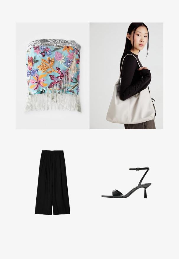 Vezen cvetlični zavoj z večbarvnimi perlicami na svetlo modri podlagi; ob robu na dnu ima srebrne fringe.; Črne široke hlače iz lahkega materiala, z elastičnim pasom in mehko, gubano teksturo. Dolžina do tal.; Bershka Sandali z visoko peto - black; Bežna torbica iz mehkega materiala, z ohlapno zasnovo, šivi in dvema naramnicama. Primerna za vsakodnevno uporabo.