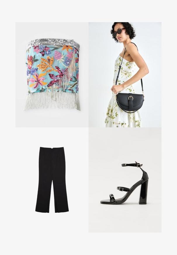 Wrap ricamato con motivi floreali e paillettes multicolori su uno sfondo azzurro chiaro; presenta una frangia argentata lungo il bordo inferiore.; Pantaloni neri a gamba dritta, con tasche frontali e spacchi laterali all'orlo. Realizzati in tessuto morbido e liscio. Adatti a diverse occasioni.; Sandali con tacco in vernice nera, con punta squadrata, cinturini alla caviglia e fibbie in argento. Presentano un tacco a blocco spesso per maggiore stabilità.; Borsa a tracolla nera in pelle con una forma curva, manico rimovibile e accessori dorati. La borsa presenta una patta con un dettaglio a fibbia.