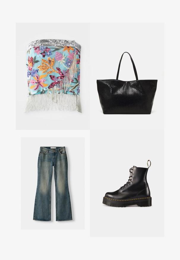 Wrap brodat cu flori, decorat cu paiete multicolore pe un fundal albastru deschis; prezintă franjuri argintii pe marginea de jos.; Jeans evazați albaștri cu o spălare decolorată, cinci buzunare și închidere cu nasture. Materialul arată o textură de denim cu detalii de cusătură subtile.; Botine din piele neagră, cu șireturi, până la gleznă, cu o talpă chunky neagră și cusături galbene. Dispune de o etichetă de tragere la spate și orificii metalice circulare.; Geantă de umăr țesută neagră, cu două mânere rezistente, având o textură lucioasă și un design deschis, spațios la partea superioară.