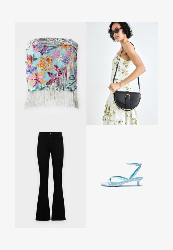 Tikkimiseks õmmeldud lilledega mähis, millel on mitmevärvilised sädelused helesinisel taustal; alumisel serval on hõbedane äär.; Mustad kõrge vöökohtadega teksad, millel on nööp ja lukuga sulgemine, esikäe taskud ja laienevad sääred, asetatud tasasele valgele taustale.; Heledad sinised rihmaga jalatsid, millel on ruudukujuline varvas, madal konts, reguleeritav pahkluu rihm ja sile, läikiv viimistlus. Risti rihmad jalatsipadjal.; Mustmust mustraha kõverate joontega, eemaldatava rihmaga ja kuldsete detailidega. Kotil on klapp, millel on pandladetail.