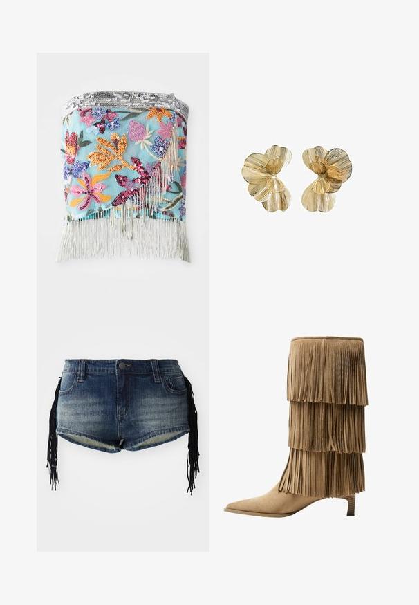 Vezeni cvjetni šal s višebojnim štrasom na svijetloplavoj pozadini; na donjem rubu ima srebrne rese.; Traper šortsevi u gradijentnom plavom pranju s poderanim rubom i crnim resicama kao ukrasima sa strane, s prednjim džepovima i pojasom.; Kratka čizma od tan sueda s tri sloja rese. Oštri vrh i niska blok peta. Glatka tekstura kroz cijelu čizmu.; Naušnice u obliku cvijeta zlatne boje s višeslojnim laticama, s teksturiranom površinom i centralnim detaljem u obliku perle.