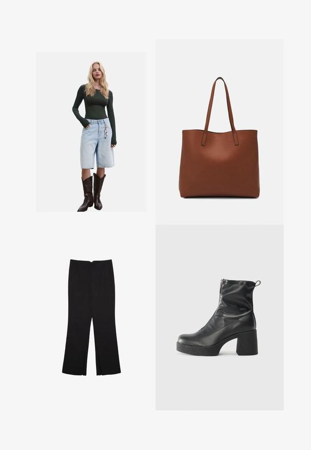 Maglietta a maniche lunghe verde scuro abbinata a pantaloni bermuda in denim azzurro chiaro e stivali da cowboy marroni, con un charm decorativo sui pantaloni.; Pantaloni neri a gamba dritta, con tasche frontali e spacchi laterali all'orlo. Realizzati in tessuto morbido e liscio. Adatti a diverse occasioni.; Stivali neri alla caviglia in pelle liscia, con zip laterale, tacco spesso e texture, e punta arrotondata.; Borsa tote in pelle marrone con texture liscia, design con apertura superiore e due spallacci. Presenta cuciture minime e nessun hardware visibile.