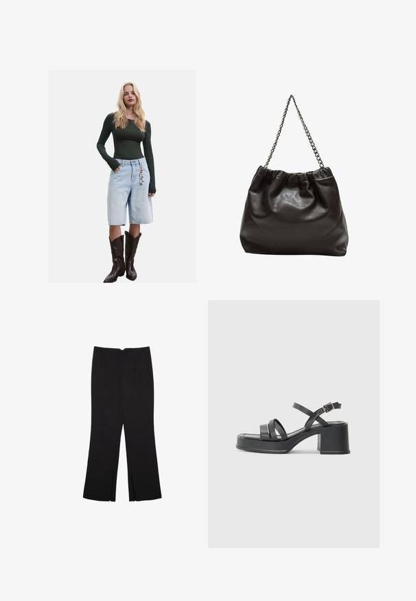 Langärmliges dunkelt Grünes Oberteil kombiniert mit hellblauen Denim-Bermuda-Shorts und braunen Cowboy-Stiefeln, mit einem dekorativen Charm an den Shorts.; Schwarze Hose mit geradem Schnitt, ausgestattet mit Fronttaschen und Seitenschlitzen am Saum. Hergestellt aus weichem, glattem Stoff. Geeignet für verschiedene Anlässe.; Schwarze Absatzsandalen mit mehreren schmalen Riemen und einer runden Zehenpartie. Der Absatz hat eine blockartige Form und eine glatte Textur. Verstellbarer Schnallenverschluss.; Braune Lederhandtasche mit gerafftem Oberteil und Kettenriemen. Glatte Textur mit glänzendem Finish und subtilen Nahtdetails an den Seiten.