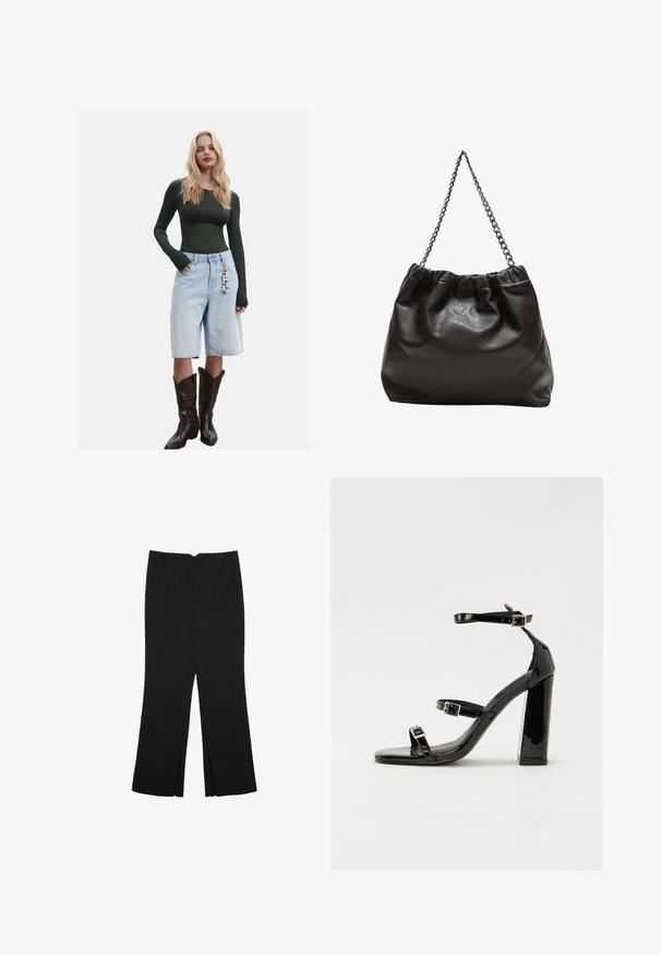 Long-sleeve dark green top paired with light blue denim bermuda shorts and brown cowboy boots, featuring a decorative charm on the shorts.; Black trousers with a straight fit, featuring front pockets and side slits at the hem. Made of soft, smooth fabric. Suitable for various occasions.; Black patent high-heeled sandals with two buckle straps, square toe, and a chunky block heel, featuring a smooth, glossy texture.; Brown leather bag with a gathered top and a chain strap. Smooth texture with a glossy finish and subtle seam detailing on the sides.