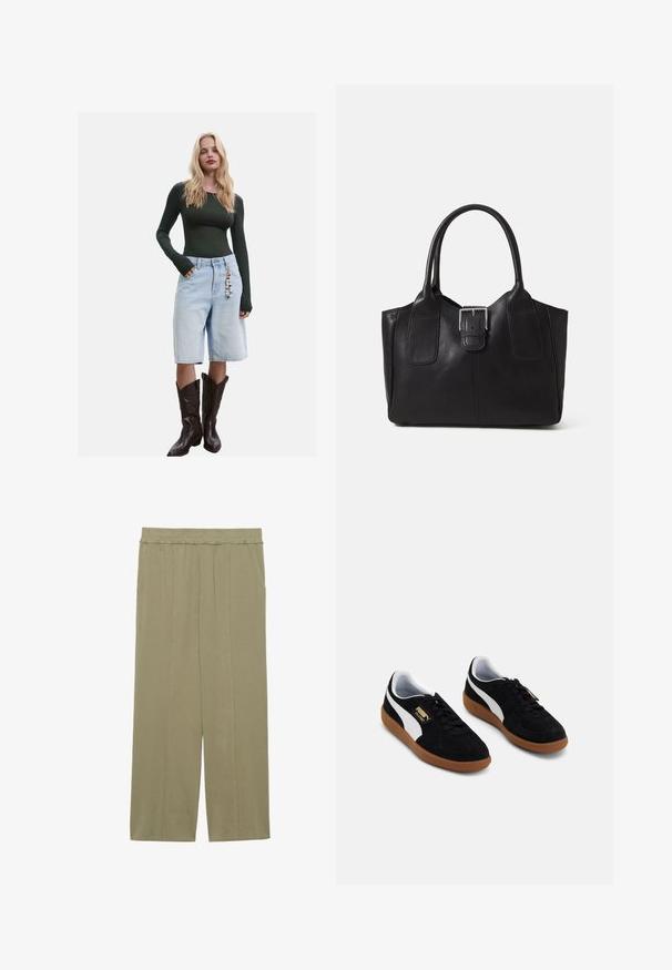 Ciężka, ciemnozielona koszula z długim rękawem zestawiona z jasnoniebieskimi bermudami dżinsowymi oraz brązowymi kowbojkami, które mają ozdobny charms na szortach.; Jasnooliwkowe bawełniane spodnie szerokie w nogawkach z elastycznym paskiem w talii, dwiema bocznymi kieszeniami i fałdami z przodu dla luźniejszego fasonu.; Czarne zamszowe sneakersy z białym paskiem bocznym, sznurowanym zapięciem oraz podeszwą z gumy. Złoty detal logo po boku.; Czarna skórzana torba tote o gładkiej fakturze, usztywnionym kształcie, dwóch uchwytach oraz wyraźnym srebrnym zapięciu na przodzie.