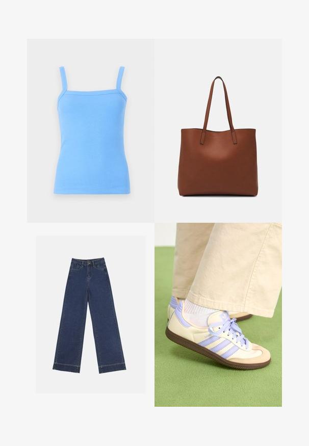 Light blue ribbed tank top with thin shoulder straps, fitted silhouette, and a soft texture. No patterns or additional hardware visible.; Wide-leg jeans in dark blue denim. Features five pockets, belt loops, and a raw hem at the bottom with visible stitching details.; Cream and lavender sneakers with three stripes and a textured brown sole, featuring laces and a padded heel. Soft fabric upper.; Brown leather tote bag with a smooth texture, open top design, and two shoulder straps. Features minimal stitching and no visible hardware.