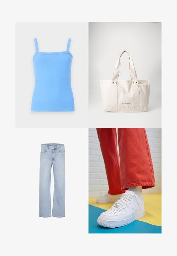 Šviesiai mėlynas raukšlėtas marškinėliai su plonomis petnešėlėmis, prigludusi siluetas ir minkšta tekstūra. Nėra matomų raštų ar papildomų detalių.; Šviesiai mėlynos plačios kojinės džinsai, pagaminti iš džinsinio audinio. Yra diržo kilpos, penkių kišenių dizainas ir siuvinėti akcentai siūlėse.; Baltos odinės kedų sportbačiai su perforuotu pirštu, tekstūruota pado dalimi ir baltais raišteliais, derinami su plačiomis raudonomis kelnėmis ir mėlynos bei geltonos spalvų fono kompozicija.; Šviesiai kreminė drobės rankinė su dviem tvirtais rankenomis, kontrastingu balto apvadu ir logo "THE NORTH FACE" juoda spalva priekyje.