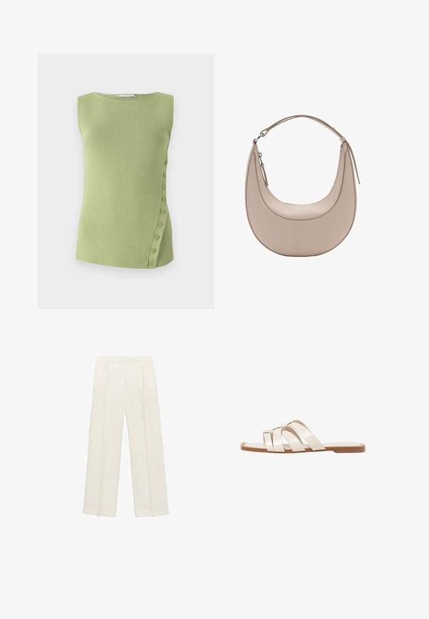 Hellgrünes, geripptes Tanktop mit Rundhalsausschnitt und einer seitlichen Knopfdetails mit kleinen Knöpfen, die entlang der linken Seite verlaufen.; Weit geschnittene Hosen in einem hellen cremefarbenen Farbton. Hergestellt aus einem glatten Stoff mit Falten an der Vorderseite und seitlichen Taschen.; Flache Sandalen mit einer honigfarbenen Gummisohle, gestaltet mit drei überlappenden weißen Lederriemen und einem kleinen Schleifendetail in der Mitte.; Beige Leder Schultertasche in Halbmondform, mit glatter Oberfläche und einem geschwungenen Henkel. Verfügt über einen Reißverschluss und saubere Nähte.