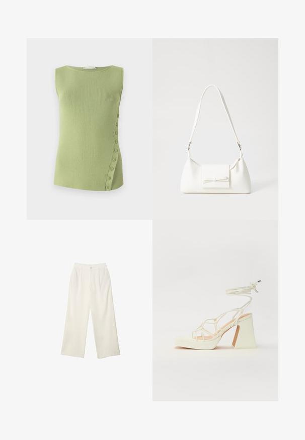 Vaaleanvihreä ribbikuvioinen toppi, jossa on pyöreä kaula-aukko ja sivupainikkeet, joissa pieniä nappeja juoksee vasenta sivua alas.; Kermanhousut vaaleassa kankaassa, jossa on sileä rakenne, yksittäinen etunappi, hienovaraiset laskokset ja korkea vyötärömuotoilu.; Valkoinen korkokenkä, jossa on paksu korko, ja joka sisältää nauhakiinnityksen ja nilkkaketjun. Sujuva pinta, jossa on platform-etupohja lisäkorkeutta varten.; Valkoinen synteettinen käsilaukku, jossa on kolmikulmainen muoto, tasainen etu läppä ja nauhadetail, säädettävä olkahihna, sileä rakenne ja minimalinen muotoilu.