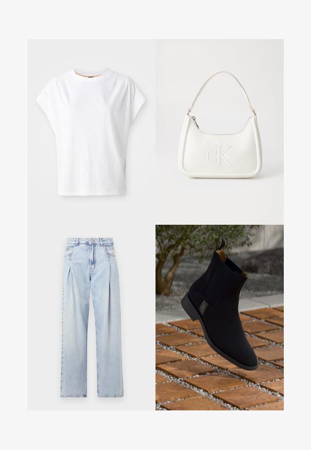 White short-sleeved T-shirt with a loose fit. Features a crew neck and subtle logo detail on the front. Made of cotton fabric.; Light blue denim jeans with a high waist, wide-leg cut, two side pockets, and pleated design feature. Soft texture with a faded finish.; Black leather ankle boot with a smooth finish, yellow inner lining, and a pull tab; set against a textured wood and gravel surface.; White leather handbag with a curved shape, featuring an embossed "CK" logo on the front and a single shoulder strap. Zipper closure at top.
